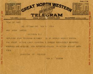 Telegram announcing death of Charles Darcus